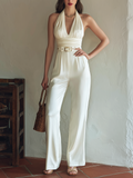 Chic Elegant Off-White Halter V-Neck Sleeveless Pleated  Slim-Fit Waist Tie Satin Jumpsuit