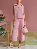 Chic Elegant Pink Zip-up Lapel Neck Sleeveless Loose Vest Top Elastic Waist Wide-Leg Pants Knit Two-Piece Set