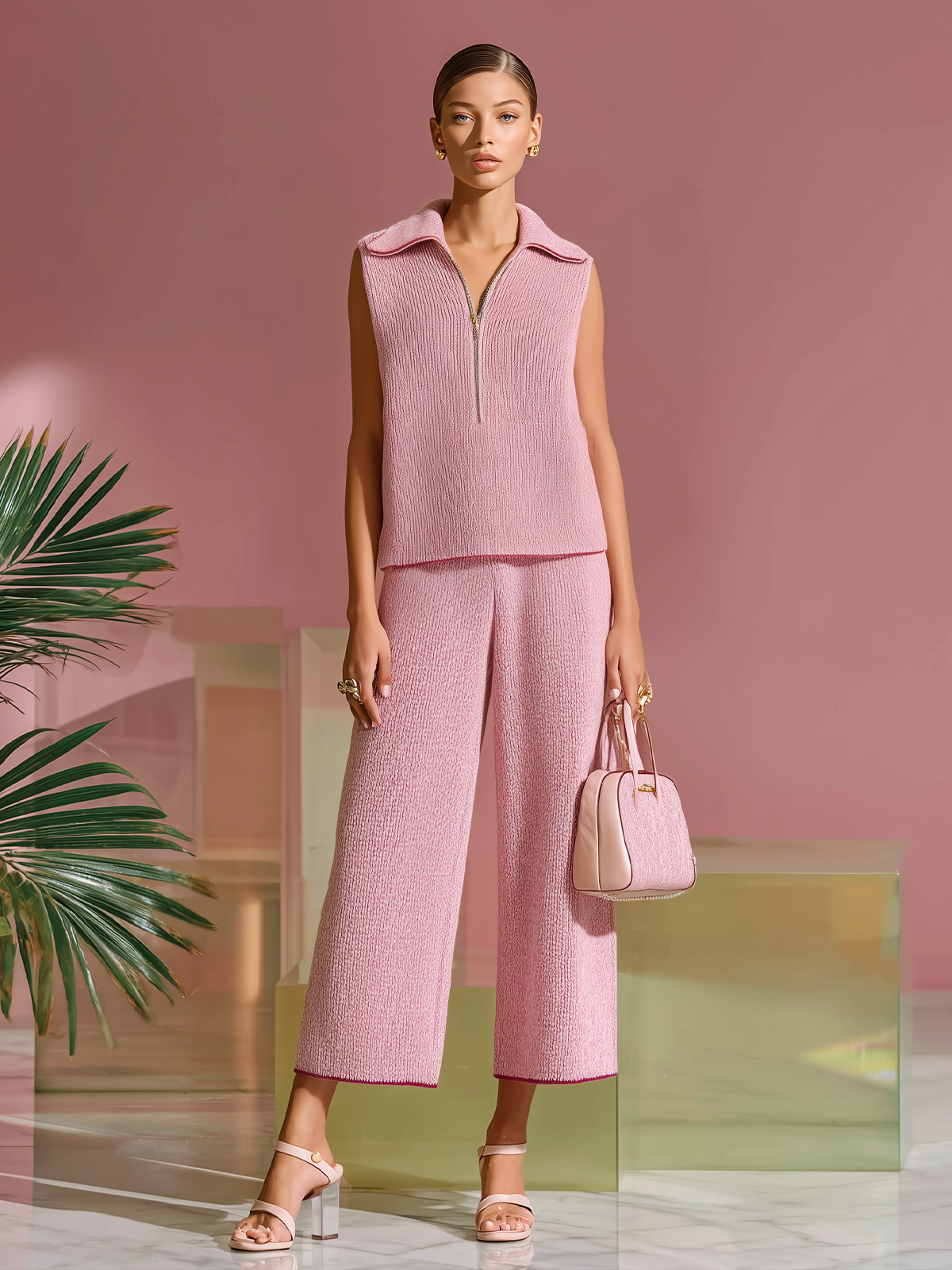 Chic Elegant Pink Zip-up Lapel Neck Sleeveless Loose Vest Top Elastic Waist Wide-Leg Pants Knit Two-Piece Set