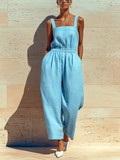 Chic Elegant Blue Wide-Strap Square-Neck Sleeveless Loose-Fit Elastic-Waist Cotton-Linen Cropped Wide-Leg Jumpsuit