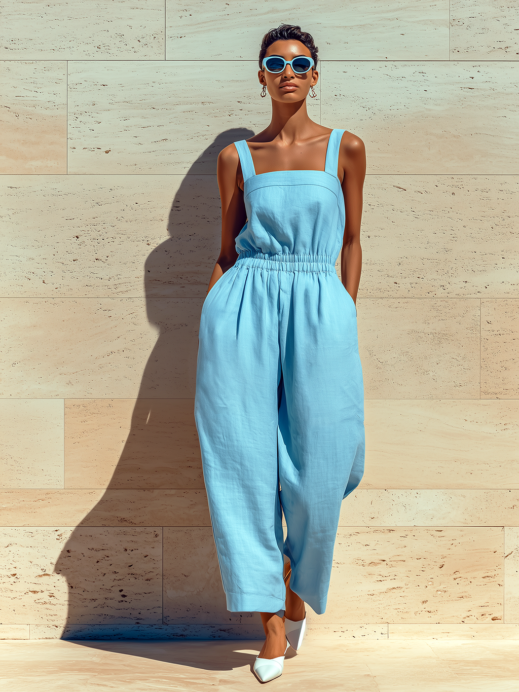 Chic Elegant Blue Wide-Strap Square-Neck Sleeveless Loose-Fit Elastic-Waist Cotton-Linen Cropped Wide-Leg Jumpsuit
