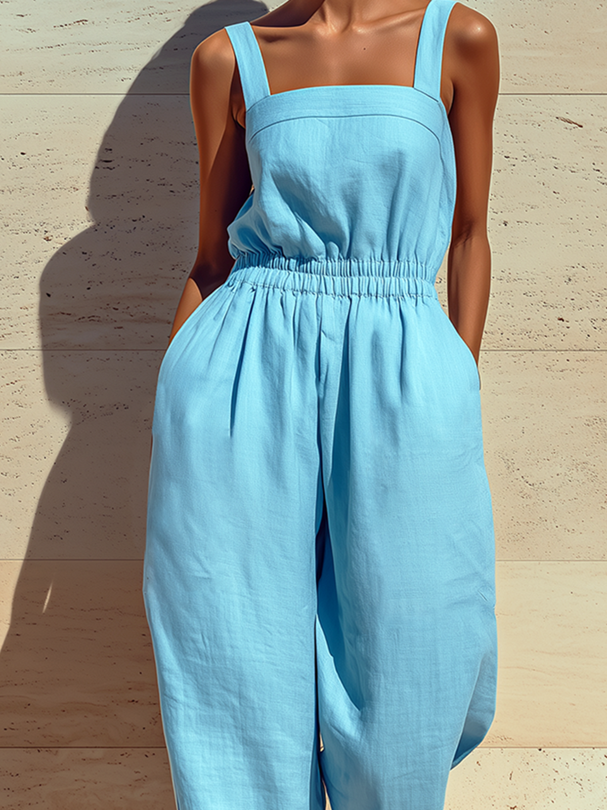 Chic Elegant Blue Wide-Strap Square-Neck Sleeveless Loose-Fit Elastic-Waist Cotton-Linen Cropped Wide-Leg Jumpsuit