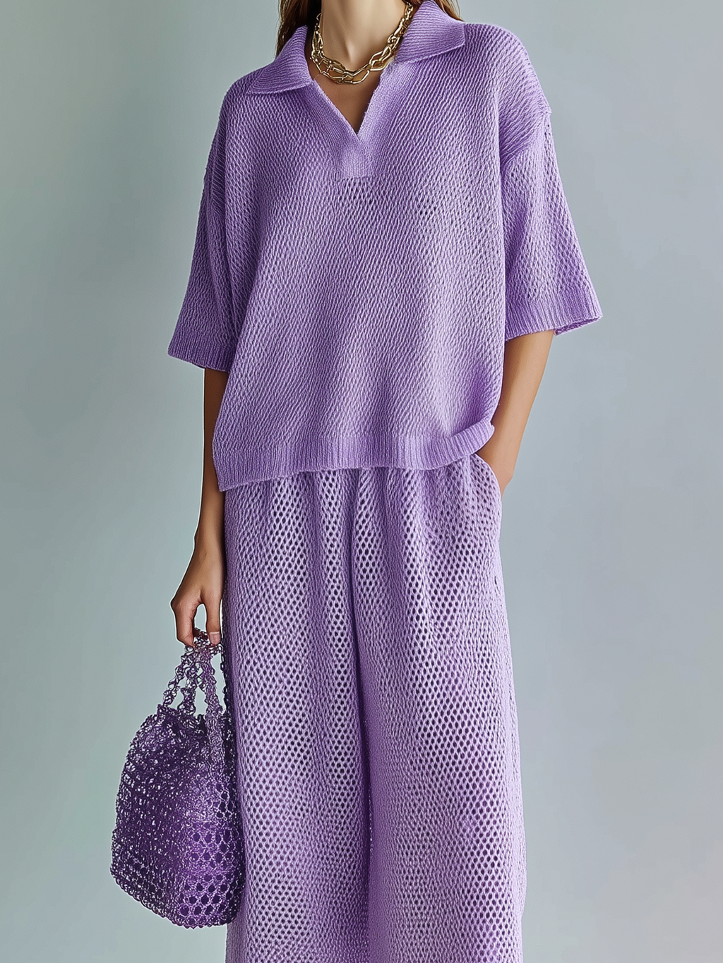 Chic Elegant Light Purple Lapel Collar Oversize Short-Sleeve Sweater Wide-Leg Pants Mesh-Knit Two-Piece Set