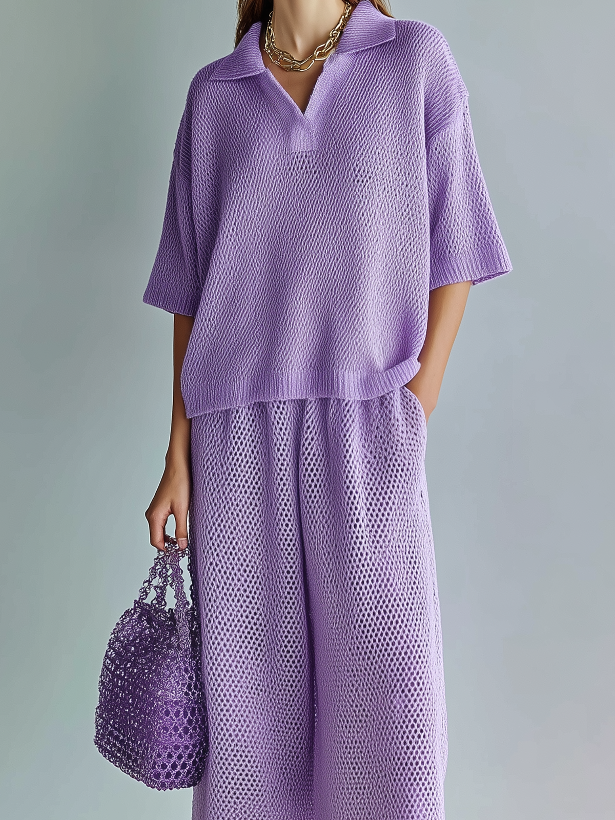 Chic Elegant Light Purple Lapel Collar Oversize Short-Sleeve Sweater Wide-Leg Pants Mesh-Knit Two-Piece Set