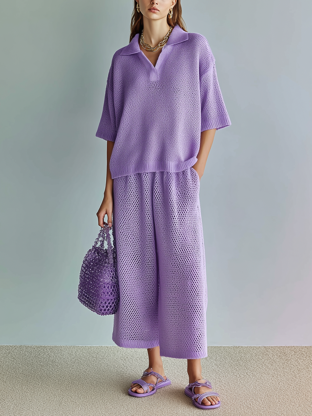 Chic Elegant Light Purple Lapel Collar Oversize Short-Sleeve Sweater Wide-Leg Pants Mesh-Knit Two-Piece Set