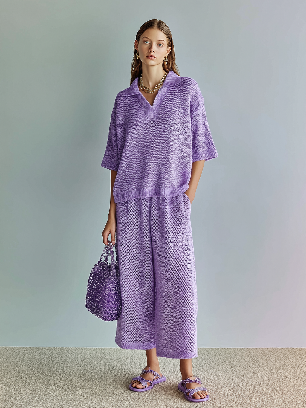 Chic Elegant Light Purple Lapel Collar Oversize Short-Sleeve Sweater Wide-Leg Pants Mesh-Knit Two-Piece Set