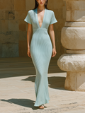 Stylish Elegant Mint Green V-Neck Short-Sleeve Slim-Fit Ribbed Knit Maxi Dress