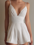 Chic Elegant Cream White V-Neck Strappy Sleeveless Tailored Waist Chiffon Wide-Leg Romper