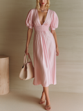 Chic Elegant Pink V-Neck Short-Sleeve Puff Sleeve Elastic-Waist Oversize Cotton Blend Midi Dress
