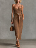 Chic Elegant Caramel Brown Strappy Square-Neck Sleeveless Belted Asymmetrical Hem Knit Maxi Dress