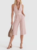 Stylish Elegant Light Pink White Stripes V-Neck Notch Lapel Button-Front Sleeveless Slim-Fit Cotton Blend Romper