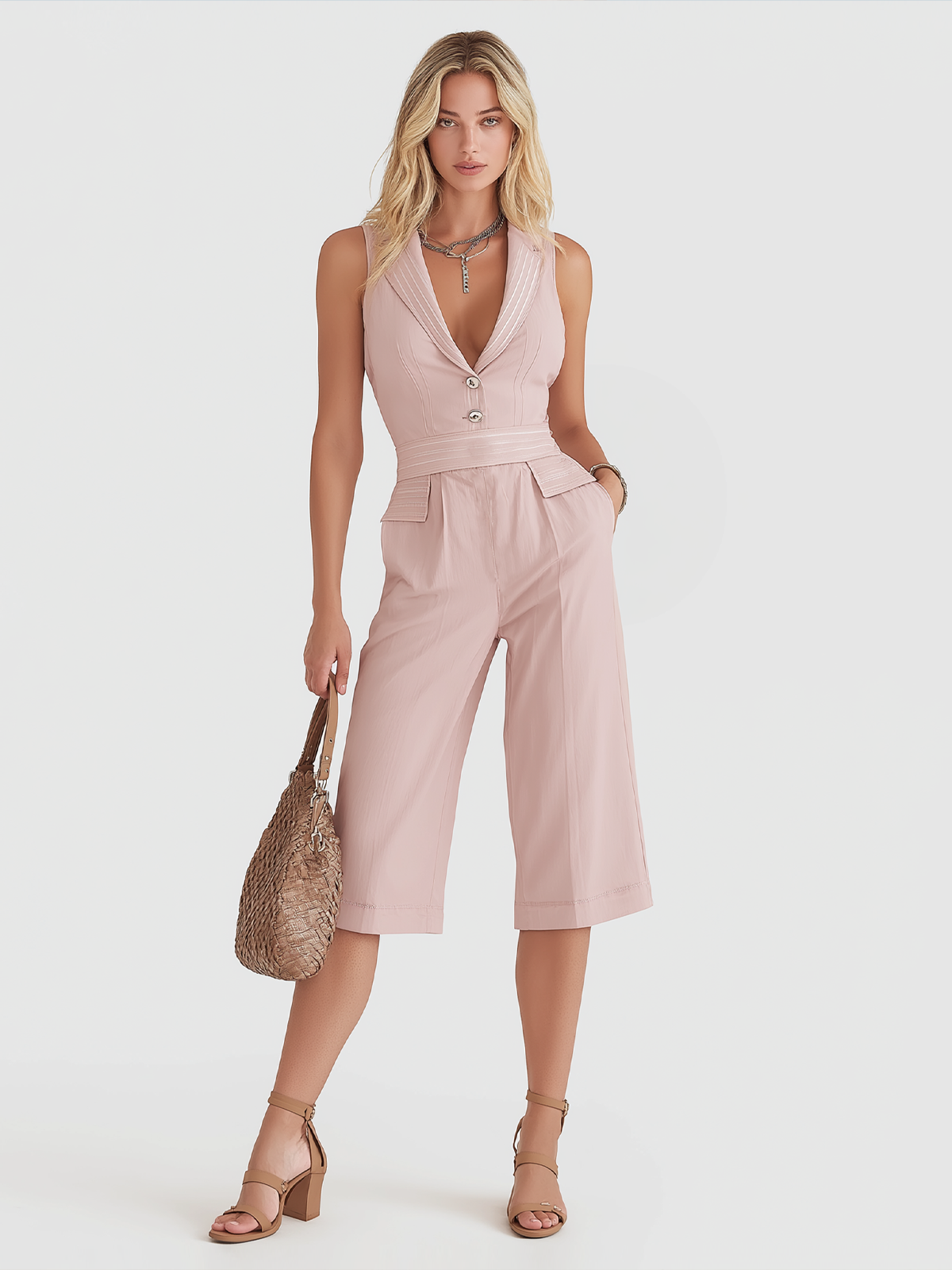 Stylish Elegant Light Pink White Stripes V-Neck Notch Lapel Button-Front Sleeveless Slim-Fit Cotton Blend Romper