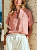 Chic Casual Pink Stand Collar V-Neck Patch Pockets Short-Sleeve Loose-Fit Cotton-Linen Shirt Top