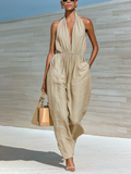 Chic Elegant Beige Halter V-Neck Sleeveless Loose-Fit Elastic-Waist Wide-Leg Cotton-Linen Jumpsuit