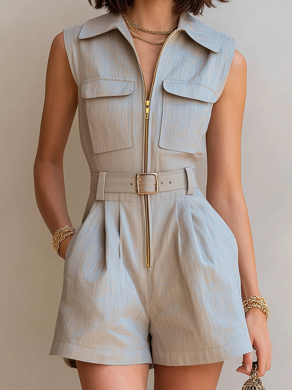 Chic Elegant Light Gray Cotton-Linen Blend Lapel Collar Zipper-Front Sleeveless Chest Pocket Detail Tailored-Waist Romper