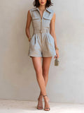 Chic Elegant Light Gray Cotton-Linen Blend Lapel Collar Zipper-Front Sleeveless Chest Pocket Detail Tailored-Waist Romper