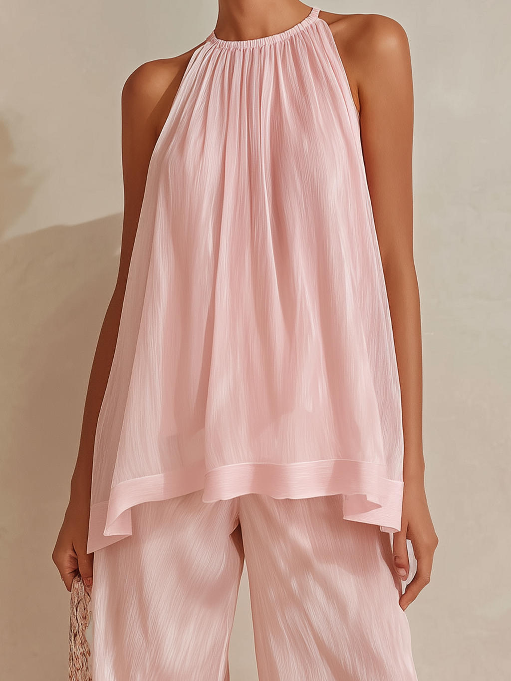 Chic Elegant Pink Round-Neck Sleeveless Loose-Fit Chiffon Two-Piece Set