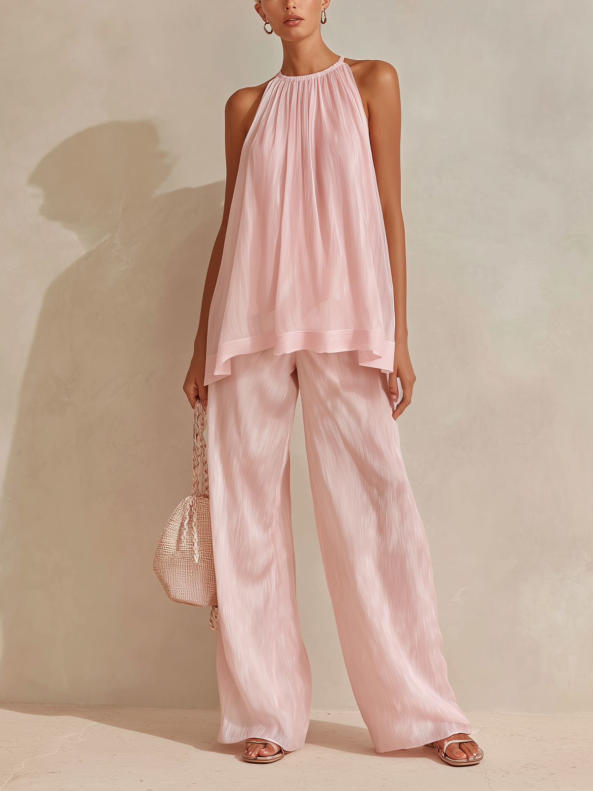 Chic Elegant Pink Round-Neck Sleeveless Loose-Fit Chiffon Two-Piece Set
