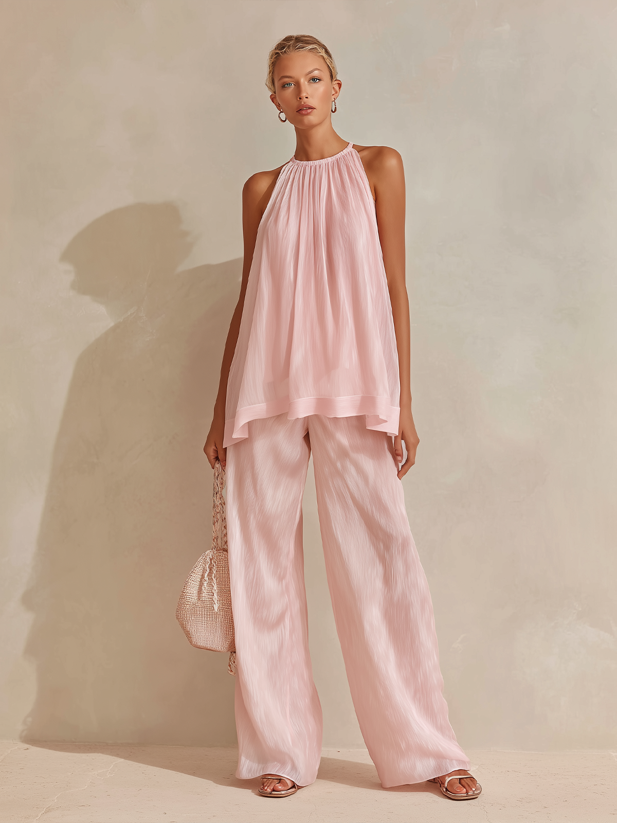 Chic Elegant Pink Round-Neck Sleeveless Loose-Fit Chiffon Two-Piece Set