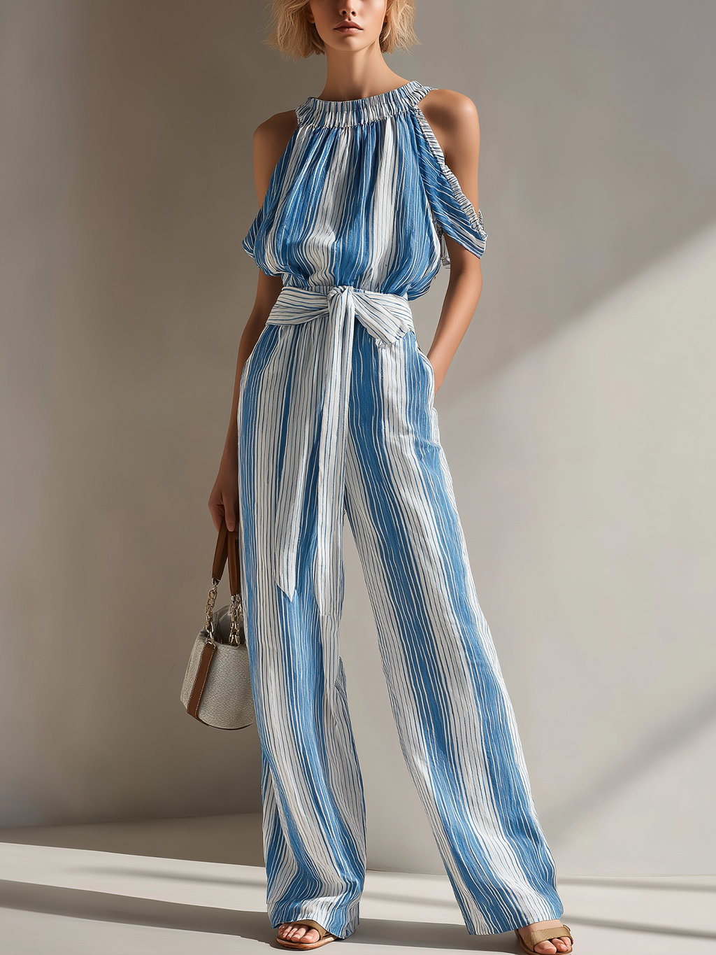 Chic White-Blue Stripe Round Collar Belted Sleeveless Loose-Fit Wide-Leg Cotton Blend Jumpsuit