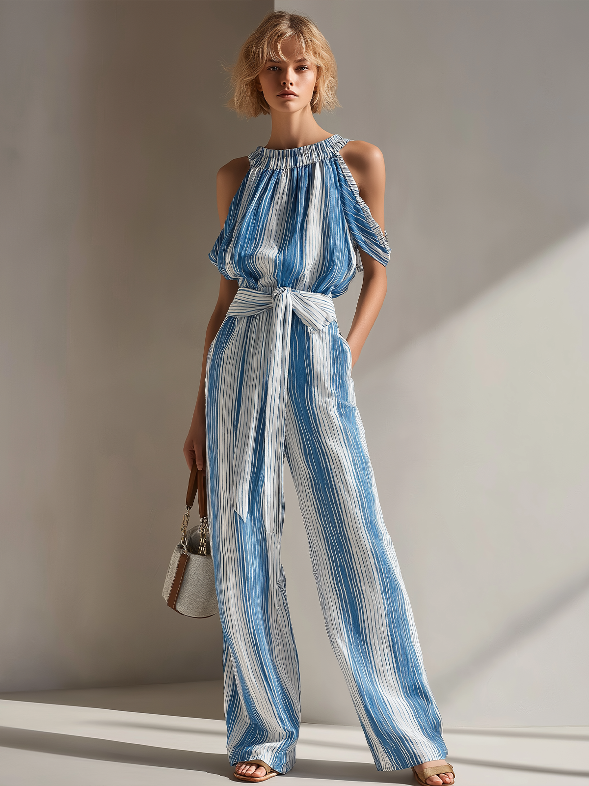 Chic White-Blue Stripe Round Collar Belted Sleeveless Loose-Fit Wide-Leg Cotton Blend Jumpsuit