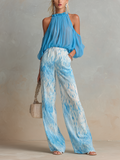 Chic Elegant Blue Halter Shoulder Cutout Half-Sleeve Loose-Fit Top Blue-White Stripes Cotton Blend Pants Two-Piece Set