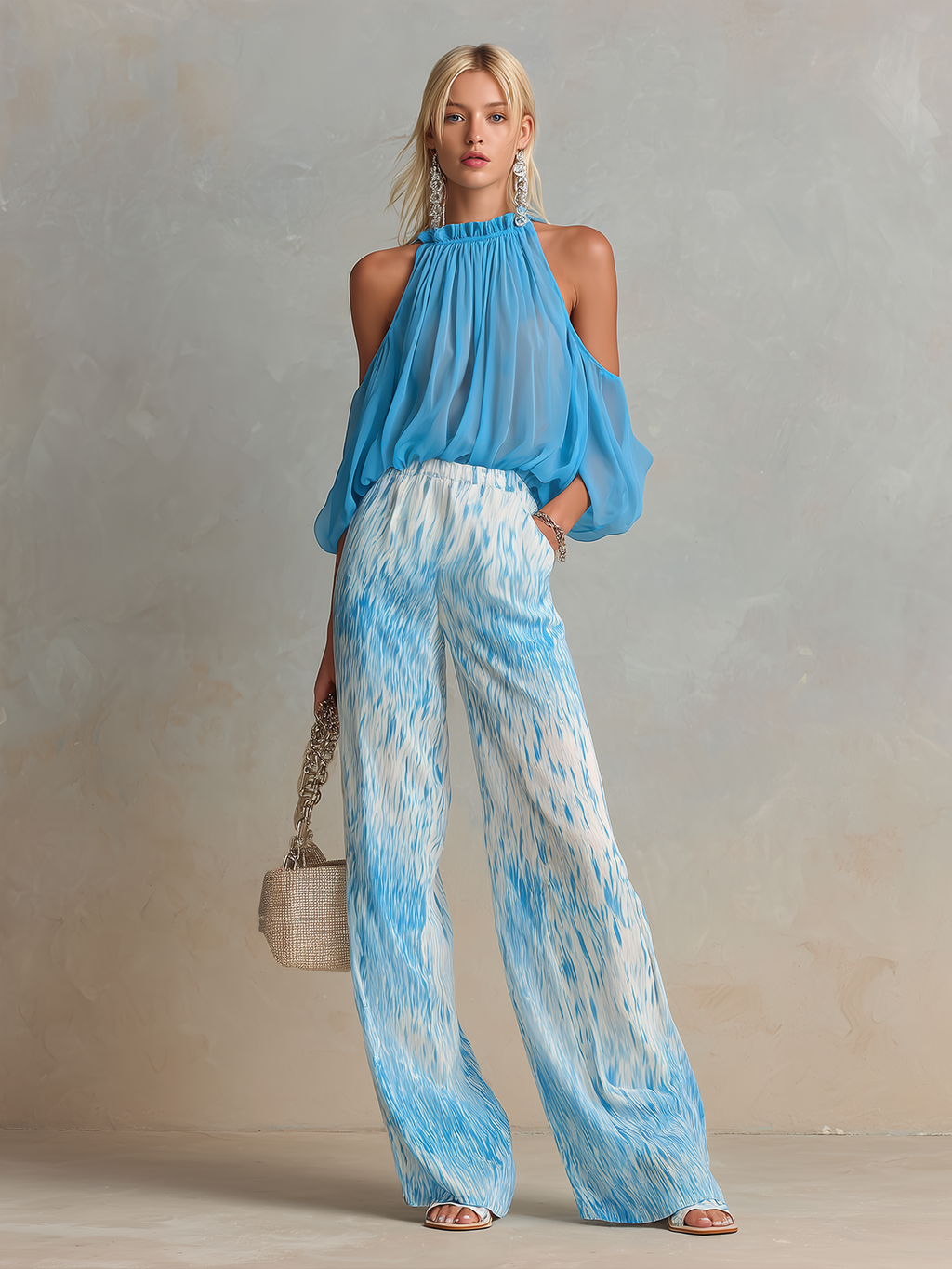 Chic Elegant Blue Halter Shoulder Cutout Half-Sleeve Loose-Fit Top Blue-White Stripes Cotton Blend Pants Two-Piece Set