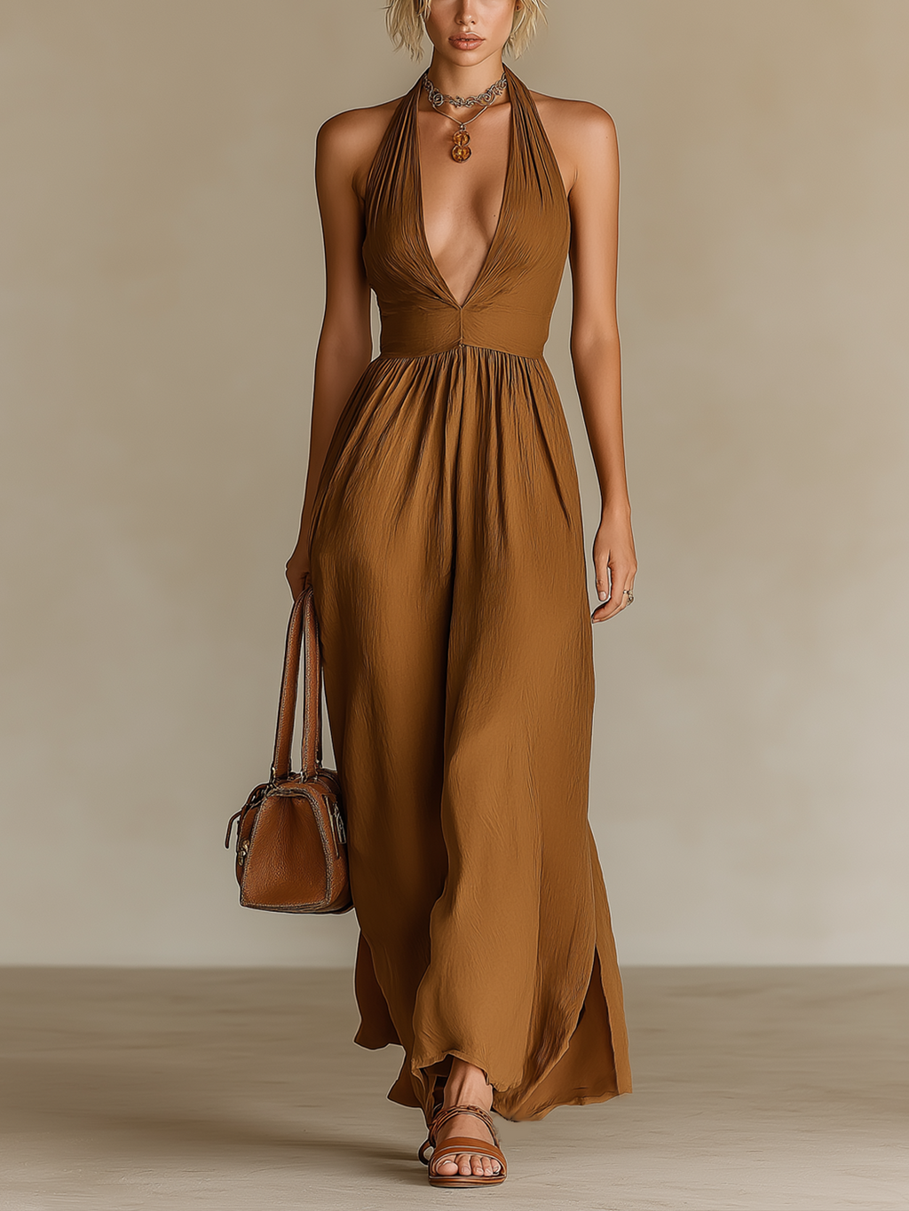 Chic Elegant Camel Cotton Blend Pleated Halter-Neck Sleeveless Tailored-Waist A-Line Maxi Dress