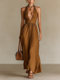 Chic Elegant Camel Cotton Blend Pleated Halter-Neck Sleeveless Tailored-Waist A-Line Maxi Dress