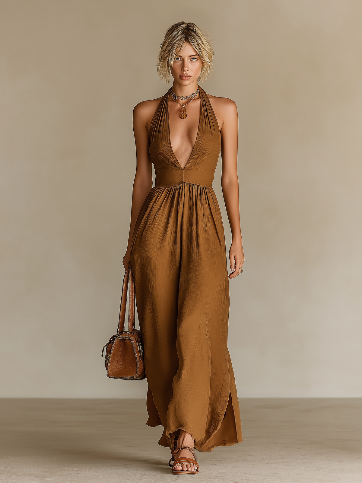 Chic Elegant Camel Cotton Blend Pleated Halter-Neck Sleeveless Tailored-Waist A-Line Maxi Dress