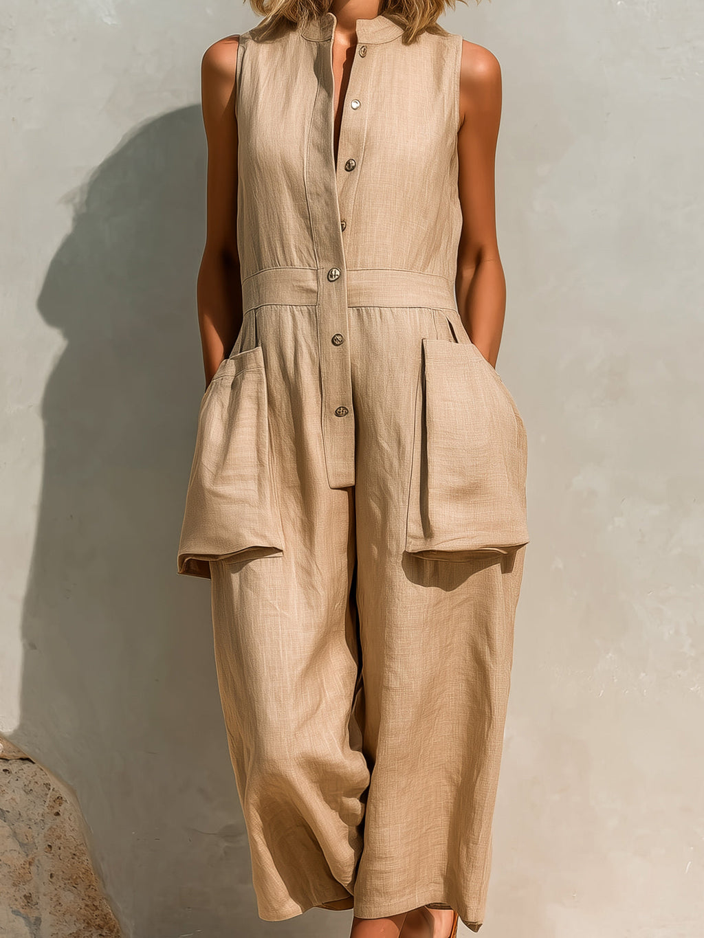 Chic Casual Camel Cotton Linen Blend Sleeveless Button-Front Pockets Detail Loose-Fit Wide-Leg Jumpsuit
