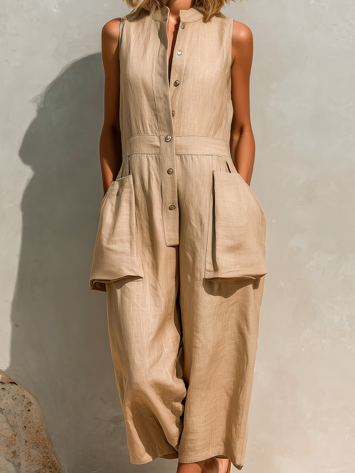 Chic Casual Camel Cotton Linen Blend Sleeveless Button-Front Pockets Detail Loose-Fit Wide-Leg Jumpsuit