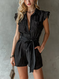 Chic Elegant Black Cotton Linen Blend Button-Front Lapel Collar Sleeveless Ruffle Detail Tie-Waist Loose-Fit Romper