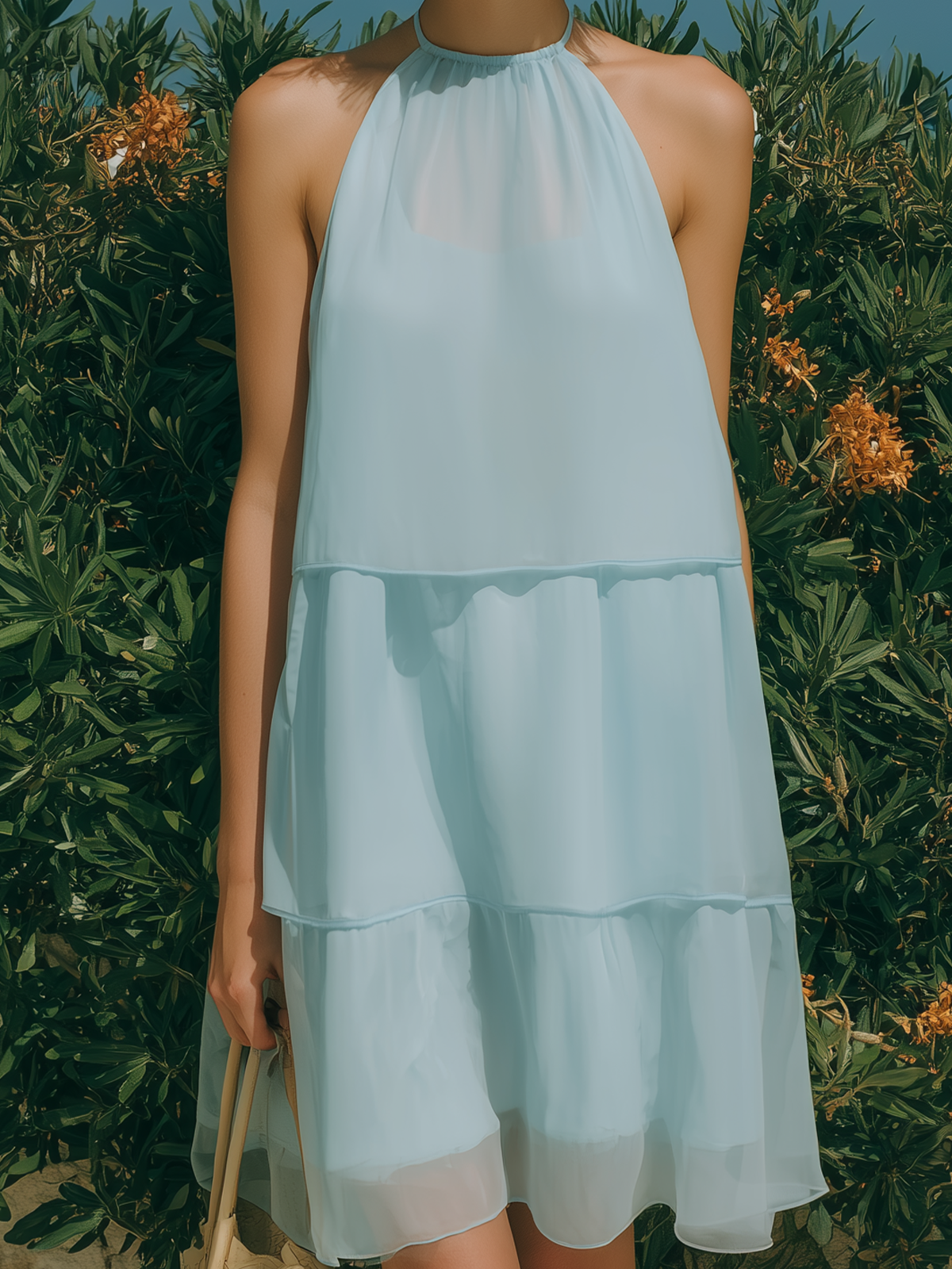 Chic Elegant Light Blue Chiffon Round-Neck Sleeveless Loose-Fit A-Line Mini Dress