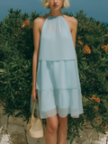 Chic Elegant Light Blue Chiffon Round-Neck Sleeveless Loose-Fit A-Line Mini Dress