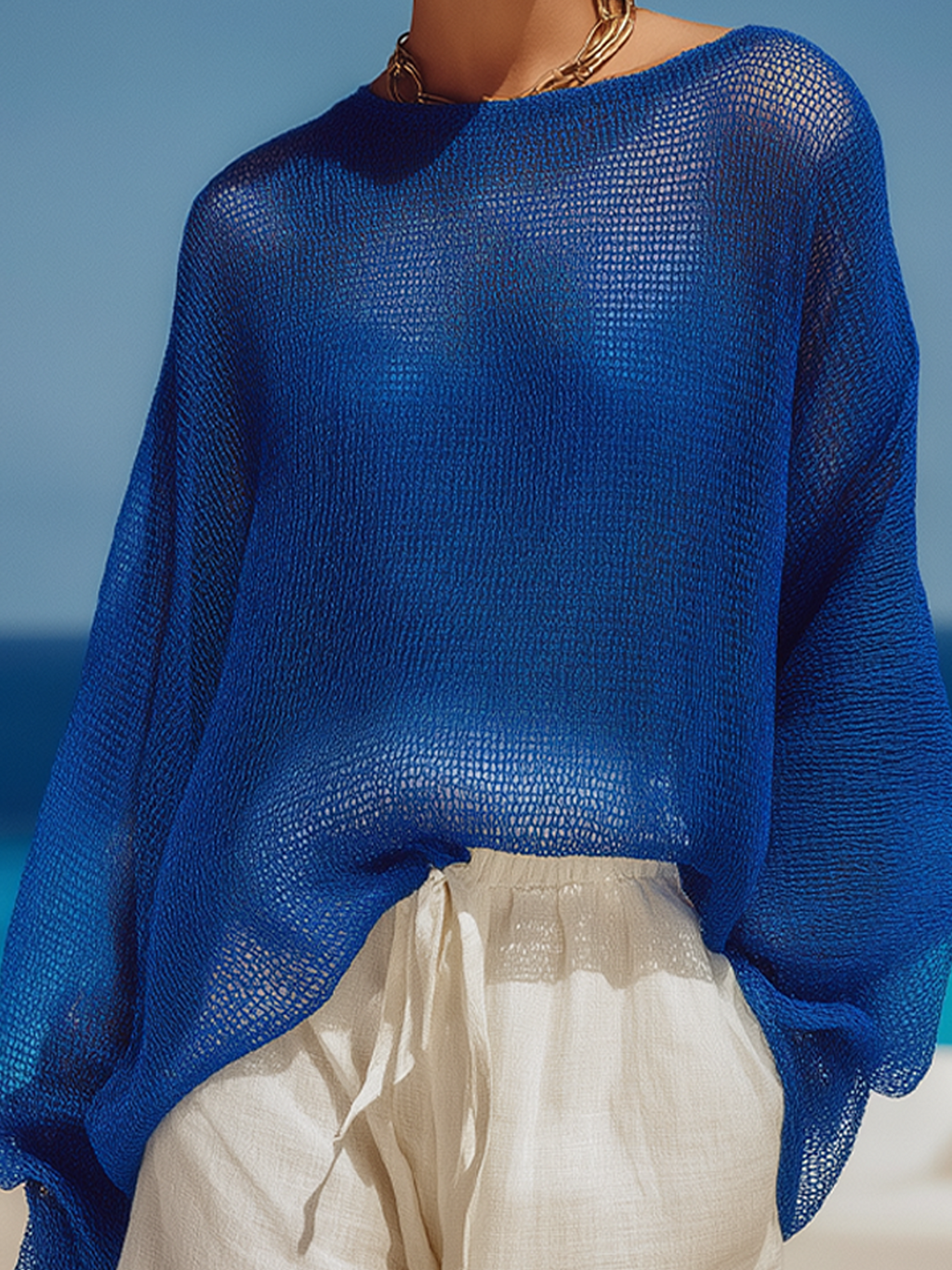 Chic Vintage Royal Blue Round-Neck Long Sleeve Loose Fit Knit Sweater