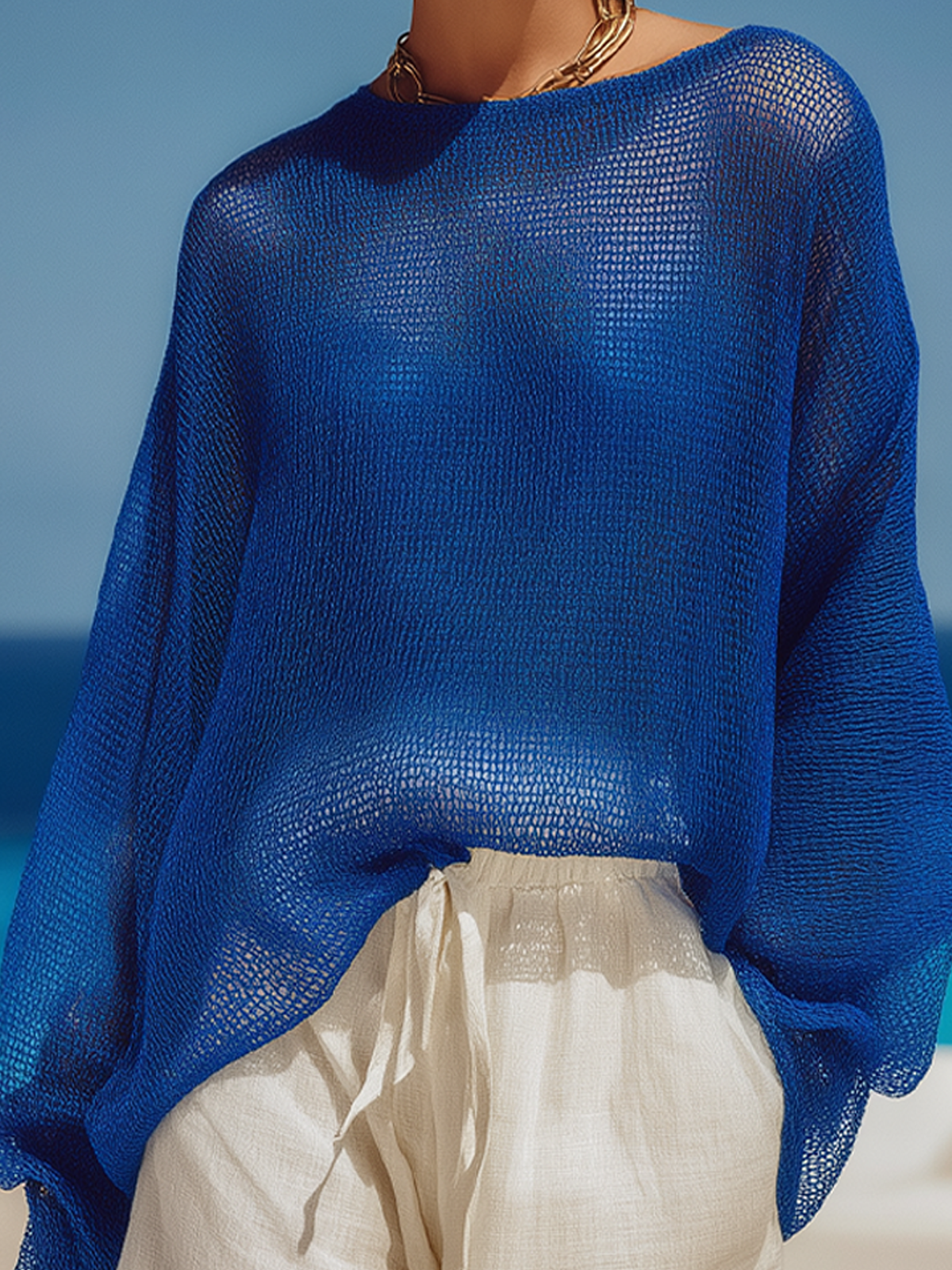 Chic Vintage Royal Blue Round-Neck Long Sleeve Loose Fit Knit Sweater
