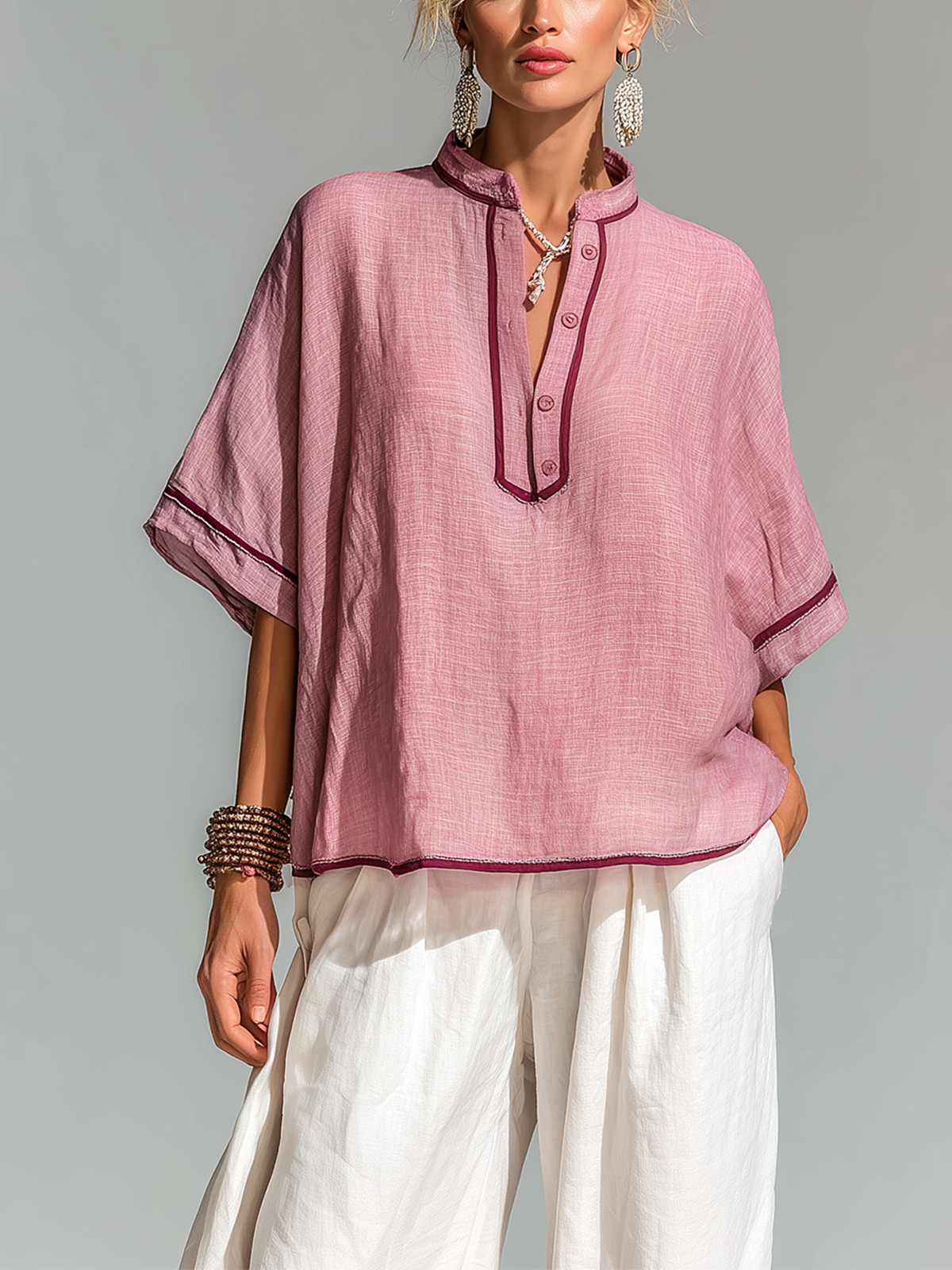 Chic Casual Dusty Pink Colorblock Stand Collar Button-Front Short-Sleeve Loose-Fit Cotton-Linen Shirt Top
