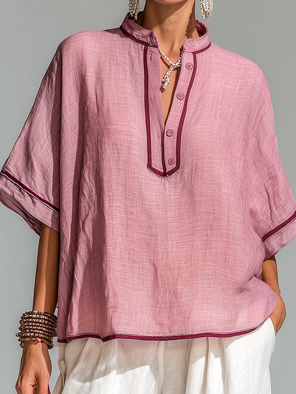 Chic Casual Dusty Pink Colorblock Stand Collar Button-Front Short-Sleeve Loose-Fit Cotton-Linen Shirt Top