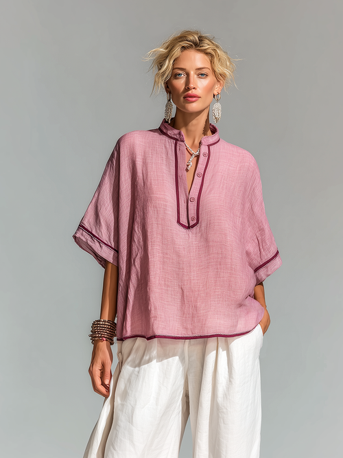 Chic Casual Dusty Pink Colorblock Stand Collar Button-Front Short-Sleeve Loose-Fit Cotton-Linen Shirt Top