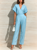 Chic Elegant Blue V-Neck Short-Sleeve Loose-Fit Waist-Cinching Straight-Leg Cotton-Linen Jumpsuit