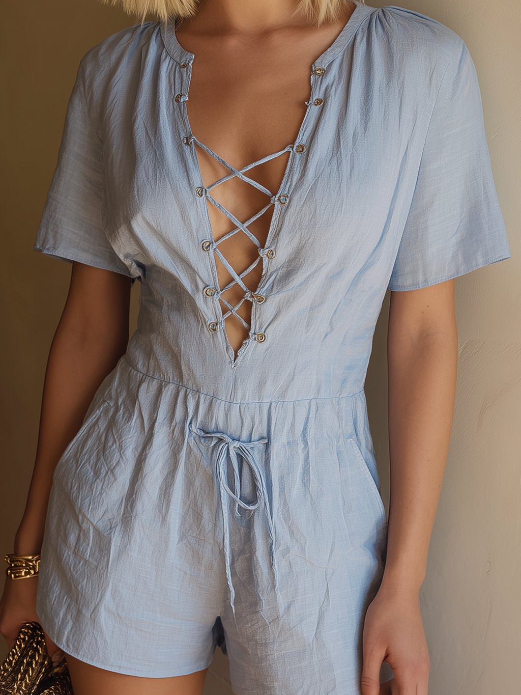 Chic Casual Blue Cotton-Linen Blend V-Neck Short-Sleeve Lace-Up Detail Elastic Waist Loose-Fit Romper