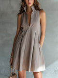 Chic Elegant Gray Linen Blend Stand-Collar Button-Front Sleeveless Pleats Detail A-Line Mini Dress