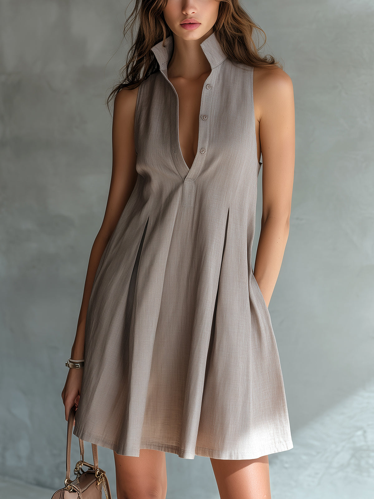 Chic Elegant Gray Linen Blend Stand-Collar Button-Front Sleeveless Pleats Detail A-Line Mini Dress