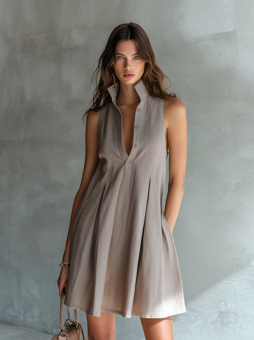 Chic Elegant Gray Linen Blend Stand-Collar Button-Front Sleeveless Pleats Detail A-Line Mini Dress