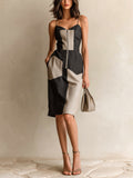 Chic Elegant Black-Gray Colorblock Linen Blend Strappy V-Neck Zipper-Front Sleeveless Slim-Fit Midi Dress