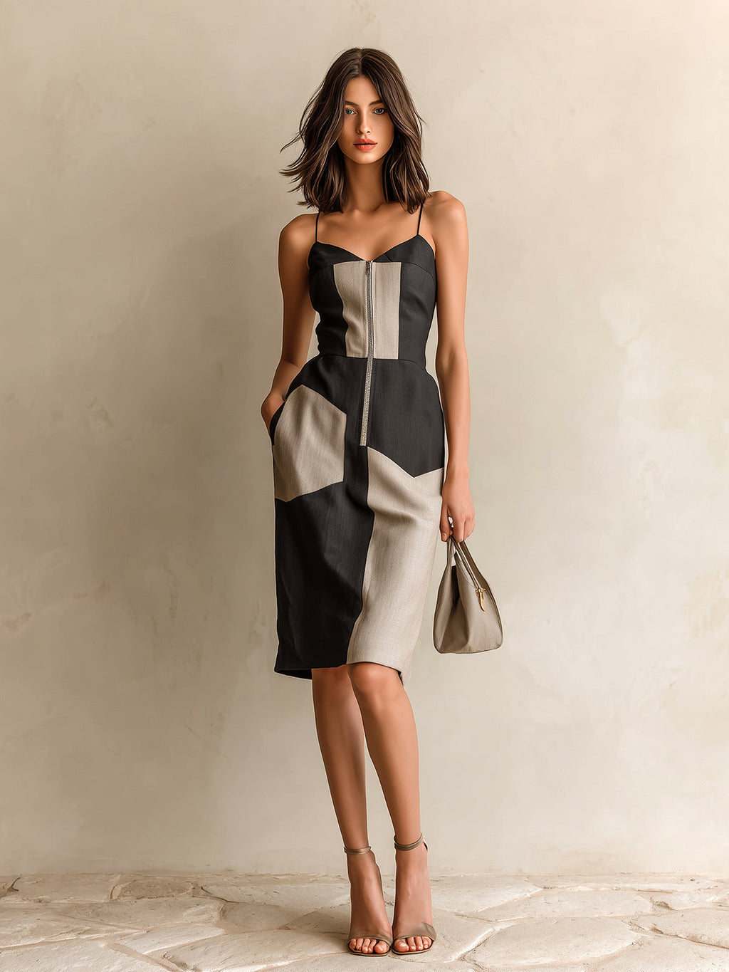 Chic Elegant Black-Gray Colorblock Linen Blend Strappy V-Neck Zipper-Front Sleeveless Slim-Fit Midi Dress