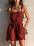 Chic Elegant Burgundy Linen Blend Strappy Square-Neck Sleeveless Elastic-Waist Loose-Fit Romper