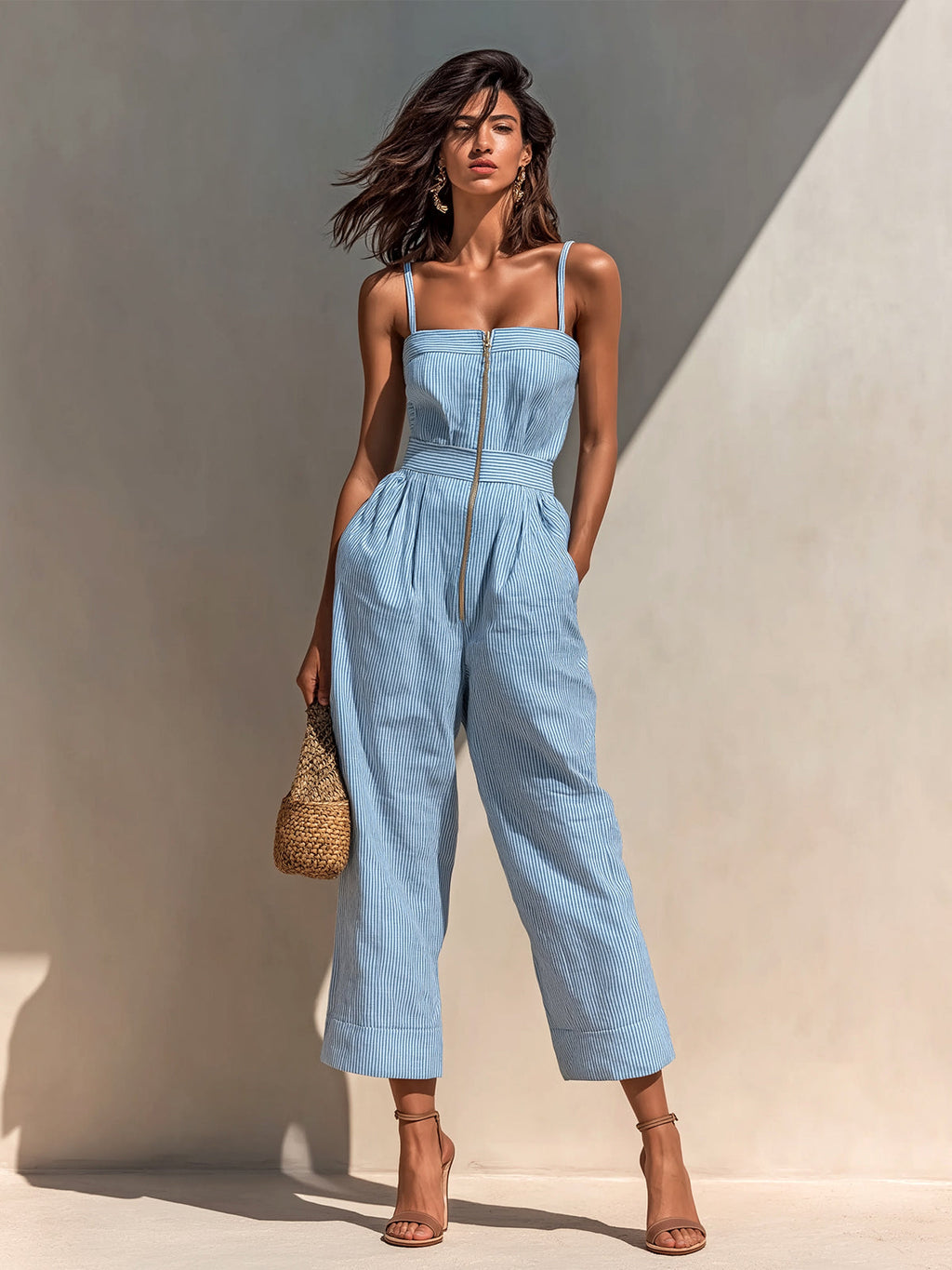 Chic Elegant Blue-White Pinstripe Cotton-Linen Blend Strappy Sleeveless Zipper-Front Wide-Leg Jumpsuit