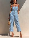 Chic Elegant Blue-White Pinstripe Cotton-Linen Blend Strappy Sleeveless Zipper-Front Wide-Leg Jumpsuit